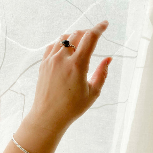 Anello Elastico Argento Cubo Onice