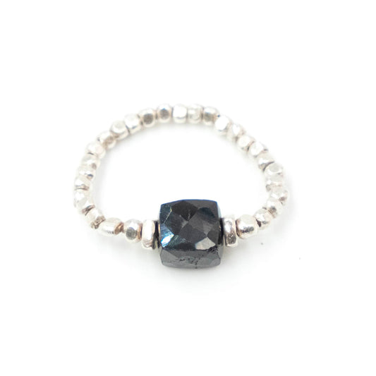 Anello Elastico Argento Cubo Onice