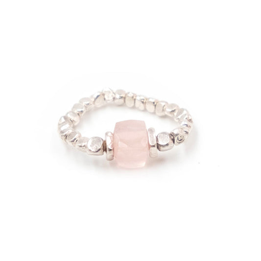 Anello Elastico Argento Cubo Quarzo Rosa